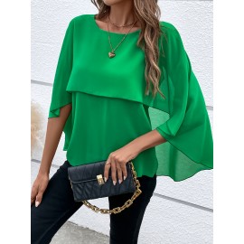 Solid Layered Cloak Sleeve Blouse, Versatile Crew Neck Blouse For Spring & Fall, Women's Clothing