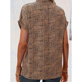 All Over Print Notch Neck Blouse, Casual Short Sleeve Blouse For Spring & Summer, Women's Clothing