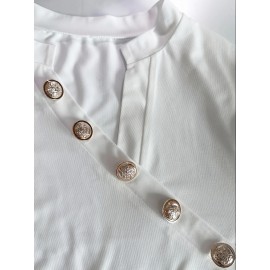 Asymmetrical Neck Button Blouse, Casual Solid Long Sleeve Simple Blouse, Women's Clothing