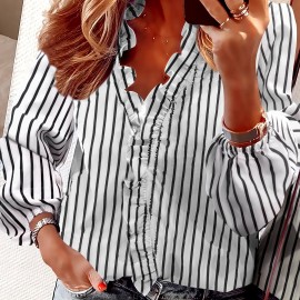 Ruffled Trim V Neck Shirt, Elegant Loose Long Sleeve Shirt, Women's Clothing