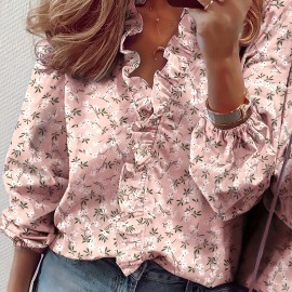 Ruffled Trim V Neck Shirt, Elegant Loose Long Sleeve Shirt, Women's Clothing