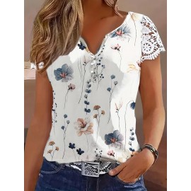 Contrast Lace Floral Print Blouse, Casual V Neck Short Sleeve Blouse, Women's Clothing