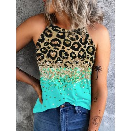 Leopard Print Halter Tank Top, Casual Sleeveless Tank Top For Summer, Women's Clothing