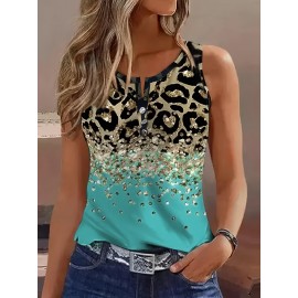 Leopard & Sequin Print Tank Top, Casual Summer Sleeveless Top, Women's Clothing