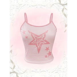 Kawaii Striped Start Print Cami Crop Top, Y2K Spaghetti Strap Sleeveless Top, Women's Clothing