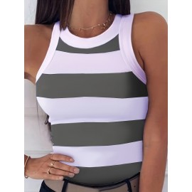 Slim Striped Tank Top, Sleeveless Crew Neck Tank Top, Casual Every Day Tops, Women's Clothing