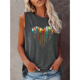 Colorful Paw Print Crew Neck Tank Top, Casual Sleeveless Top For Summer, Women's Clothing