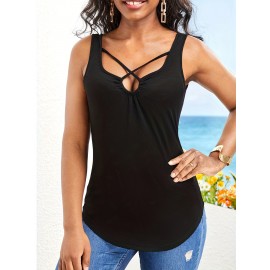 Solid Ruched Keyhole Tank Top, Casual Slim Summer Sleeveless Top, Women's Clothing