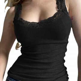 Contrast Lace Slim Tank Top, Y2K Sexy Sleeveless Tank Top For Summer, Women's Clothing