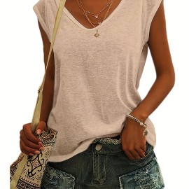 Solid V Neck Tank Top, Casual Cap Sleeve Tank Top For Summer, Women's Clothing