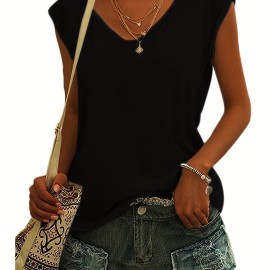 Solid V Neck Tank Top, Casual Cap Sleeve Tank Top For Summer, Women's Clothing