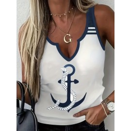 Anchor Print Tank Top, Casual Notch Neck Summer Sleeveless Top, Women's Clothing