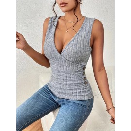 Solid V-neck Button Decor Tank Top, Casual Sleeveless Tank Top For Summer, Women's Clothing