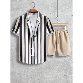 2pcs Men's Stripe Pattern Color Block Short Sleeve Button Shirt & Loose Shorts, Men's Casual Outfit For Summer Vacation