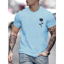 Rose Print, Men's Graphic Design Crew Neck Active T-shirt, Casual Comfy Tees Tshirts For Summer, Men's Clothing Tops For Daily Gym Workout Running