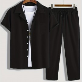 Men's 2Pcs Outfits, Casual Lapel Button Up Short Sleeve Shirt And Drawstring Pants Set For Summer, Men's Clothing For Daily Leisure Loungewear Vacation Resorts