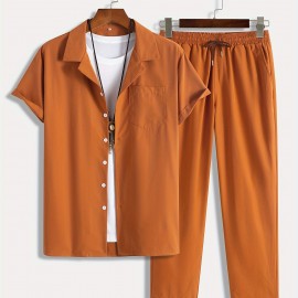 Men's 2Pcs Outfits, Casual Lapel Button Up Short Sleeve Shirt And Drawstring Pants Set For Summer, Men's Clothing For Daily Leisure Loungewear Vacation Resorts