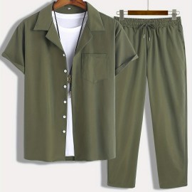Men's 2Pcs Outfits, Casual Lapel Button Up Short Sleeve Shirt And Drawstring Pants Set For Summer, Men's Clothing For Daily Leisure Loungewear Vacation Resorts
