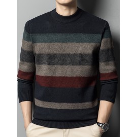 All Match Knitted Sweater, Men's Casual Solid Warm High Stretch Crew Neck Pullover Sweater For Fall Winter