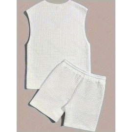 Men's 2 Piece Outfits,  Waffle Pattern , Casual Graphic Tanktop And Loose Drawstring Shorts Set, Men's Clothing
