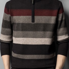 All Match Knitted Striped Sweater, Men's Casual Warm High Stretch Half Zipper Pullover Sweater For Men Fall Winter