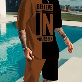 Believe In Yourself Print, Men's 2Pcs Outfits, Casual Crew Neck Short Sleeve T-shirt And Drawstring Shorts Set For Summer, Men's Clothing