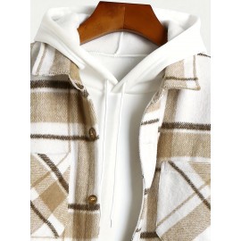 Big Plaid Pattern Men's Retro Casual Long Sleeve Lapel Shirt With Pocket Design, Fall Winter Outdoor