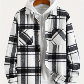 Big Plaid Pattern Men's Retro Casual Long Sleeve Lapel Shirt With Pocket Design, Fall Winter Outdoor