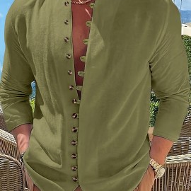 Retro Style Men's Casual Solid Long Sleeve Shirt, Men's Clothes For Spring Summer Autumn, Tops For Men