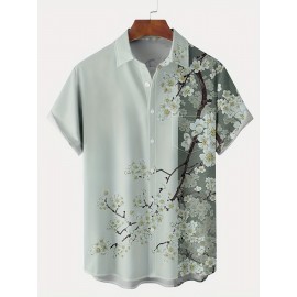 Floral Sakura Print Men's Casual Short Sleeve Shirt With Chest Pocket, Men's Shirt For Summer Vacation Resort, Tops For Men