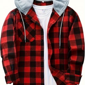 Plaid Pattern Men's Long Sleeve Hooded Shirt Jacket With Chest Pocket, Men's Casual Fall Winter Outwear