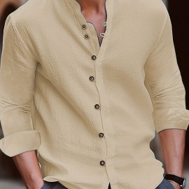 Casual Solid Men's Cotton & Linen V-neck Long Sleeve Shirt With Button, Spring Fall