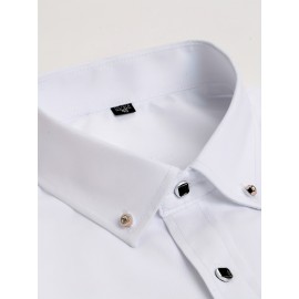 Men's Stylish Solid Shirt, Casual Breathable Lapel Button Up Short Sleeve Shirt Top For Business Activities