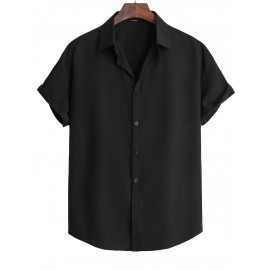 Men's Casual Lapel Solid Basic Tee Shirt, Button Short Sleeve Loose Work Business Shirt For Summer