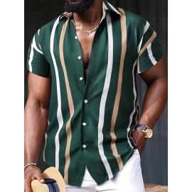 Men's Stripe Turndown Collar Short Sleeve Shirt, Trendy Comfy Shirt For Summer