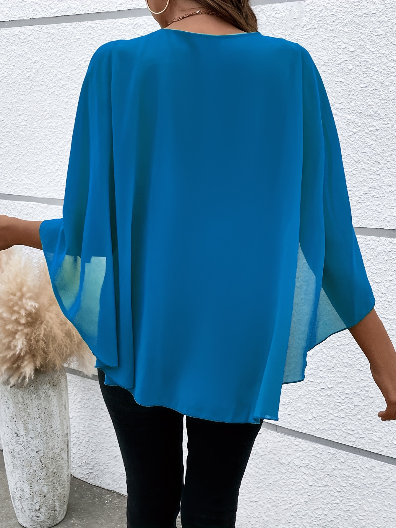 solid layered cloak sleeve blouse versatile crew neck blouse for spring fall womens clothing details 11