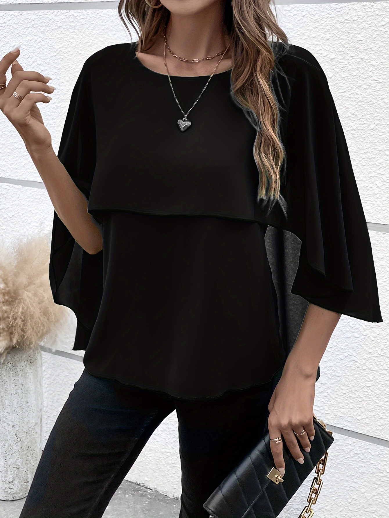 solid layered cloak sleeve blouse versatile crew neck blouse for spring fall womens clothing details 14