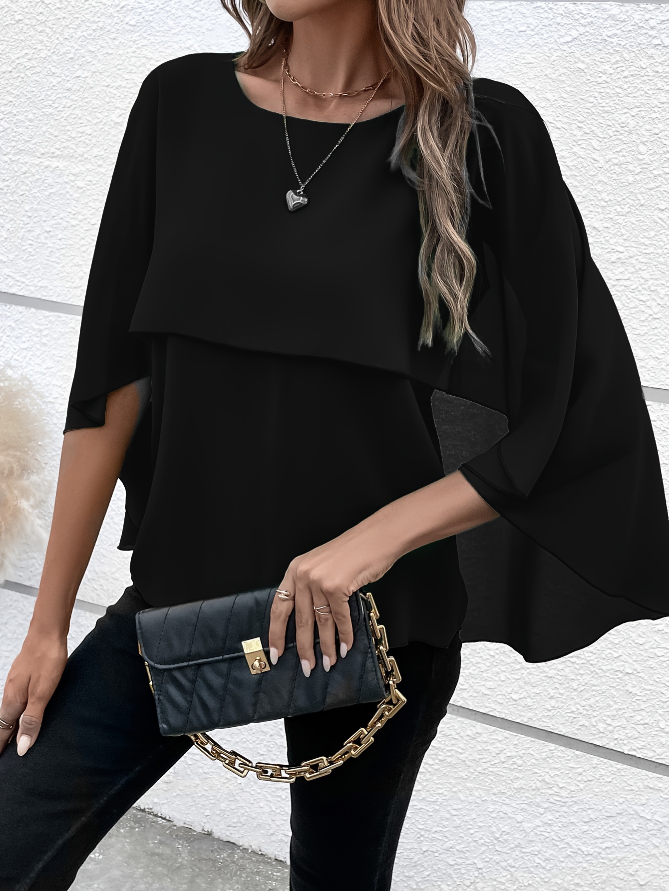 solid layered cloak sleeve blouse versatile crew neck blouse for spring fall womens clothing details 17