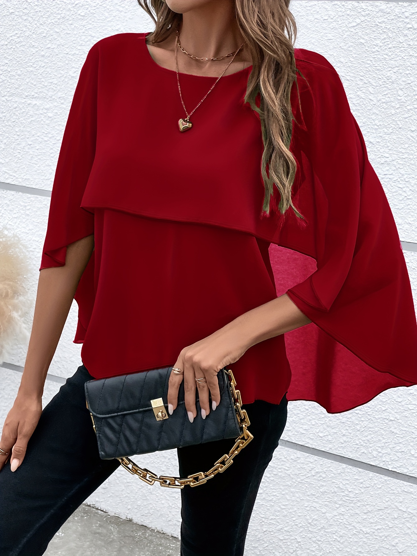 solid layered cloak sleeve blouse versatile crew neck blouse for spring fall womens clothing details 21