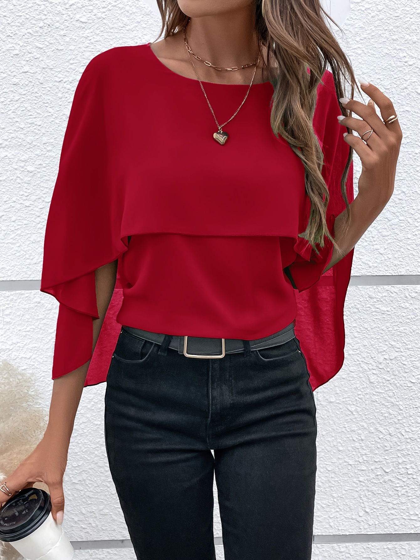 solid layered cloak sleeve blouse versatile crew neck blouse for spring fall womens clothing details 22