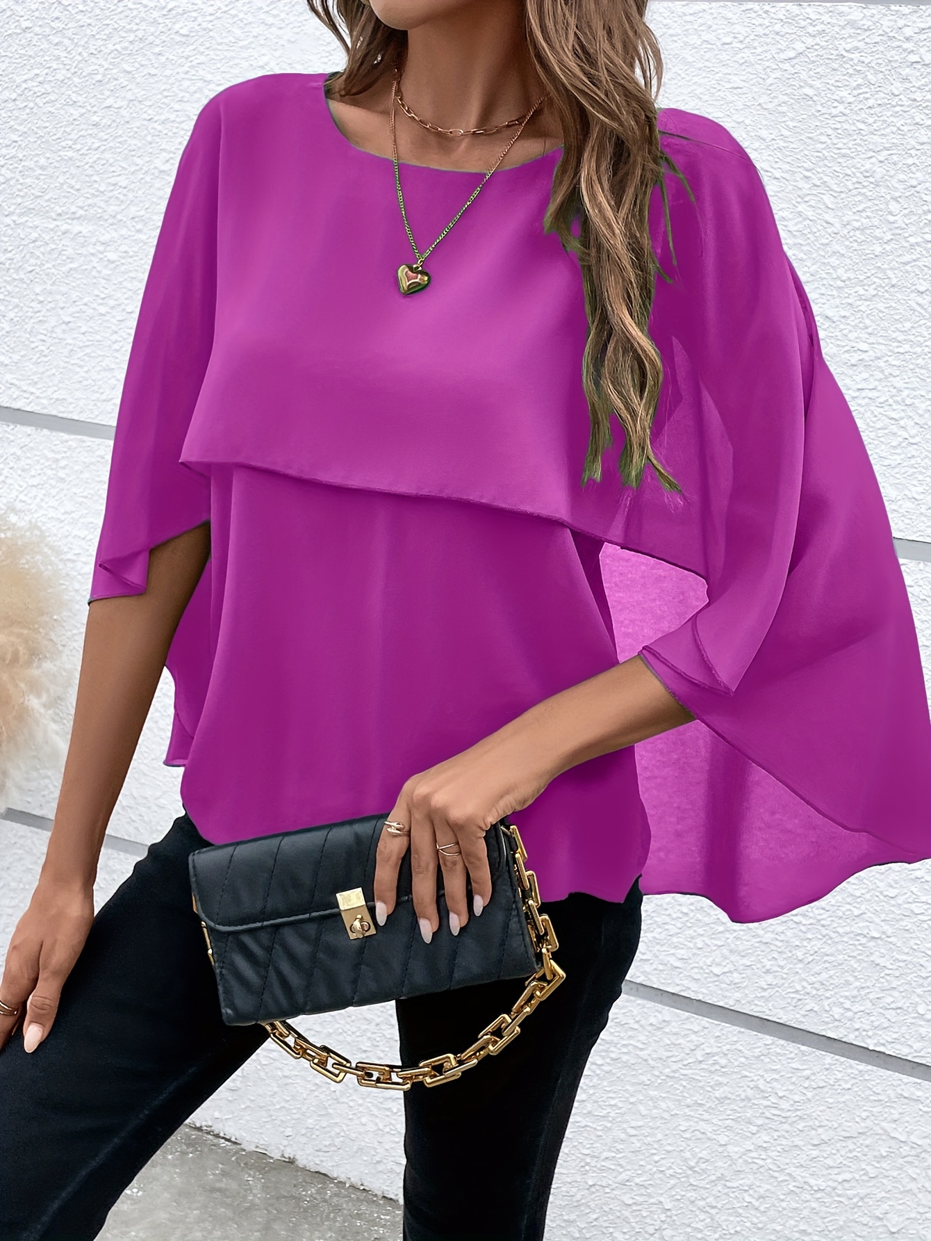 solid layered cloak sleeve blouse versatile crew neck blouse for spring fall womens clothing details 27