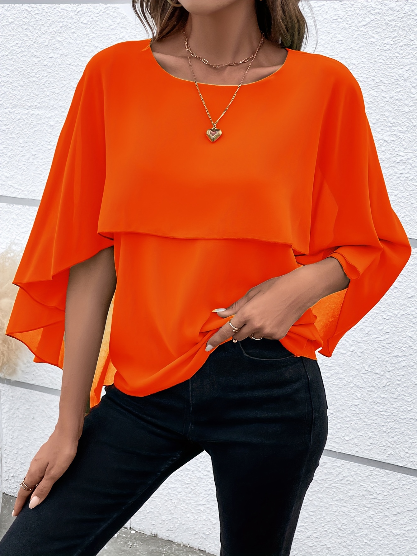 solid layered cloak sleeve blouse versatile crew neck blouse for spring fall womens clothing details 40