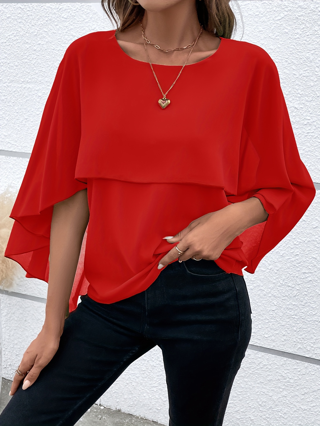 solid layered cloak sleeve blouse versatile crew neck blouse for spring fall womens clothing details 41