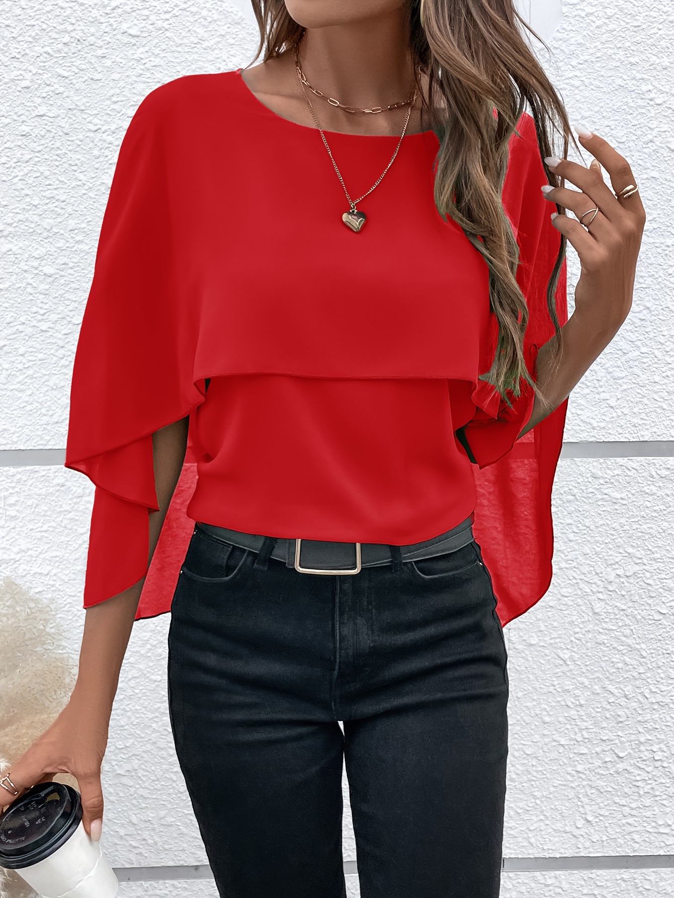 solid layered cloak sleeve blouse versatile crew neck blouse for spring fall womens clothing details 43