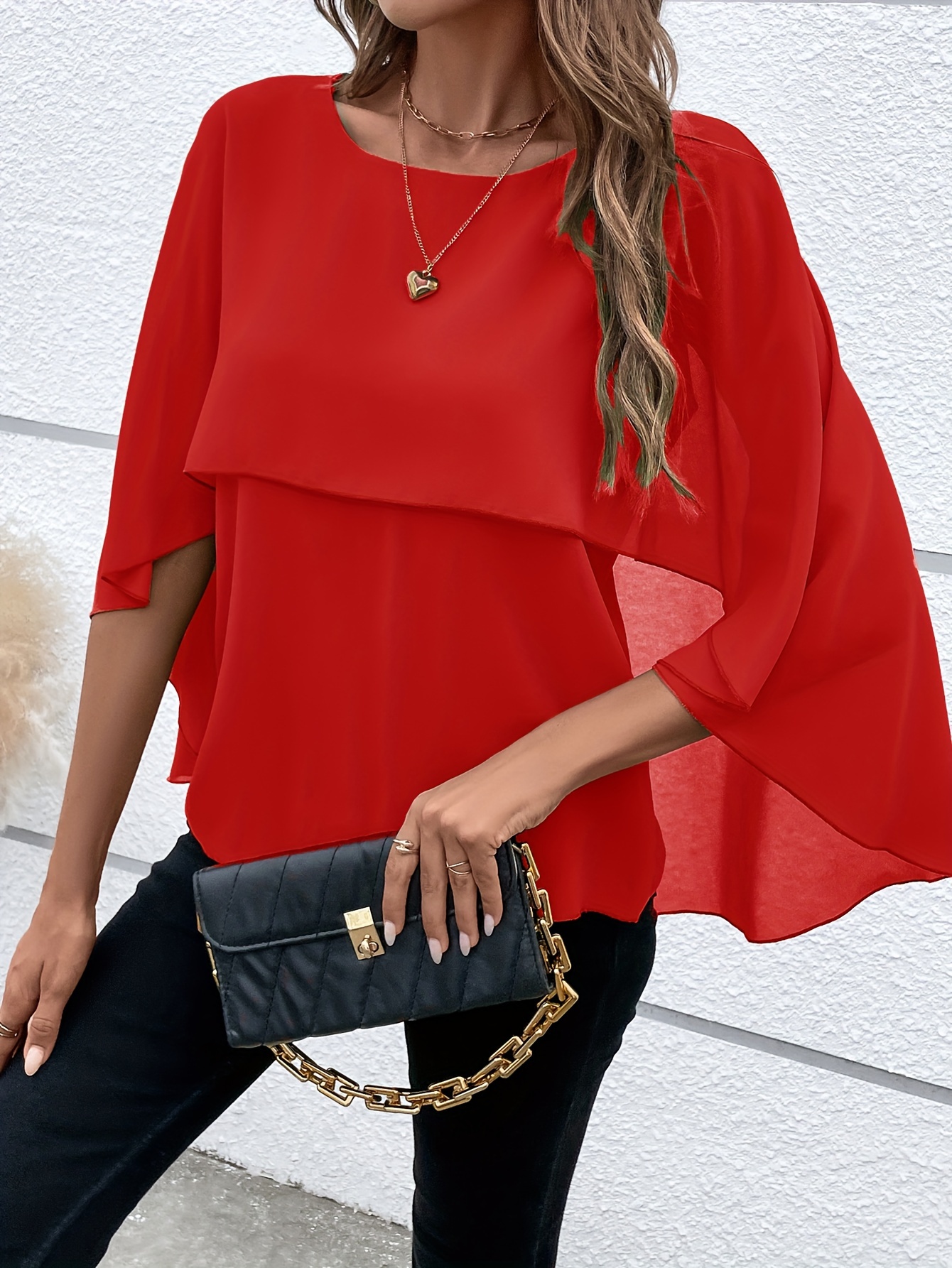 solid layered cloak sleeve blouse versatile crew neck blouse for spring fall womens clothing details 44