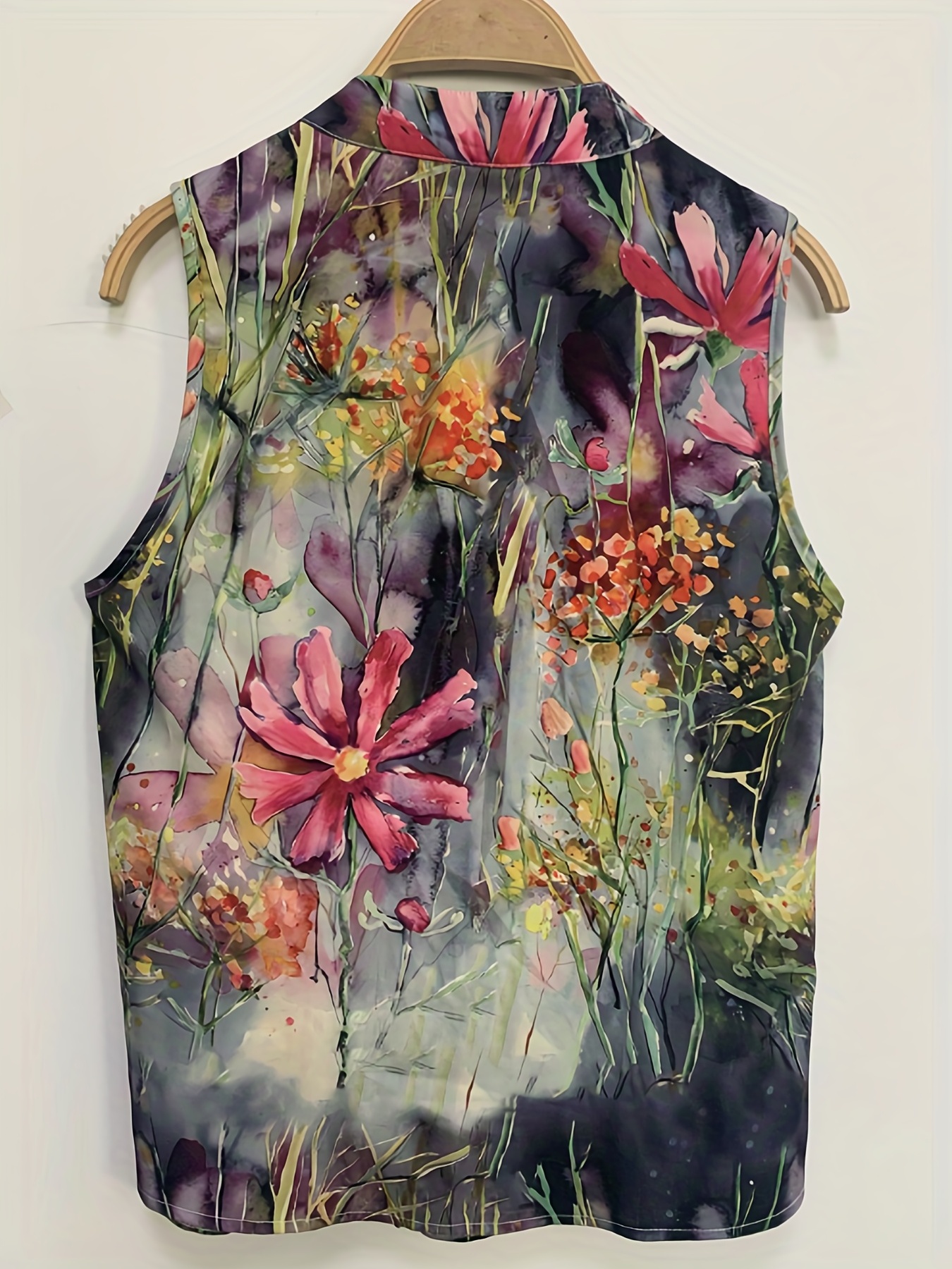 floral print sleeveless blouse casual crew neck button front blouse womens clothing details 0