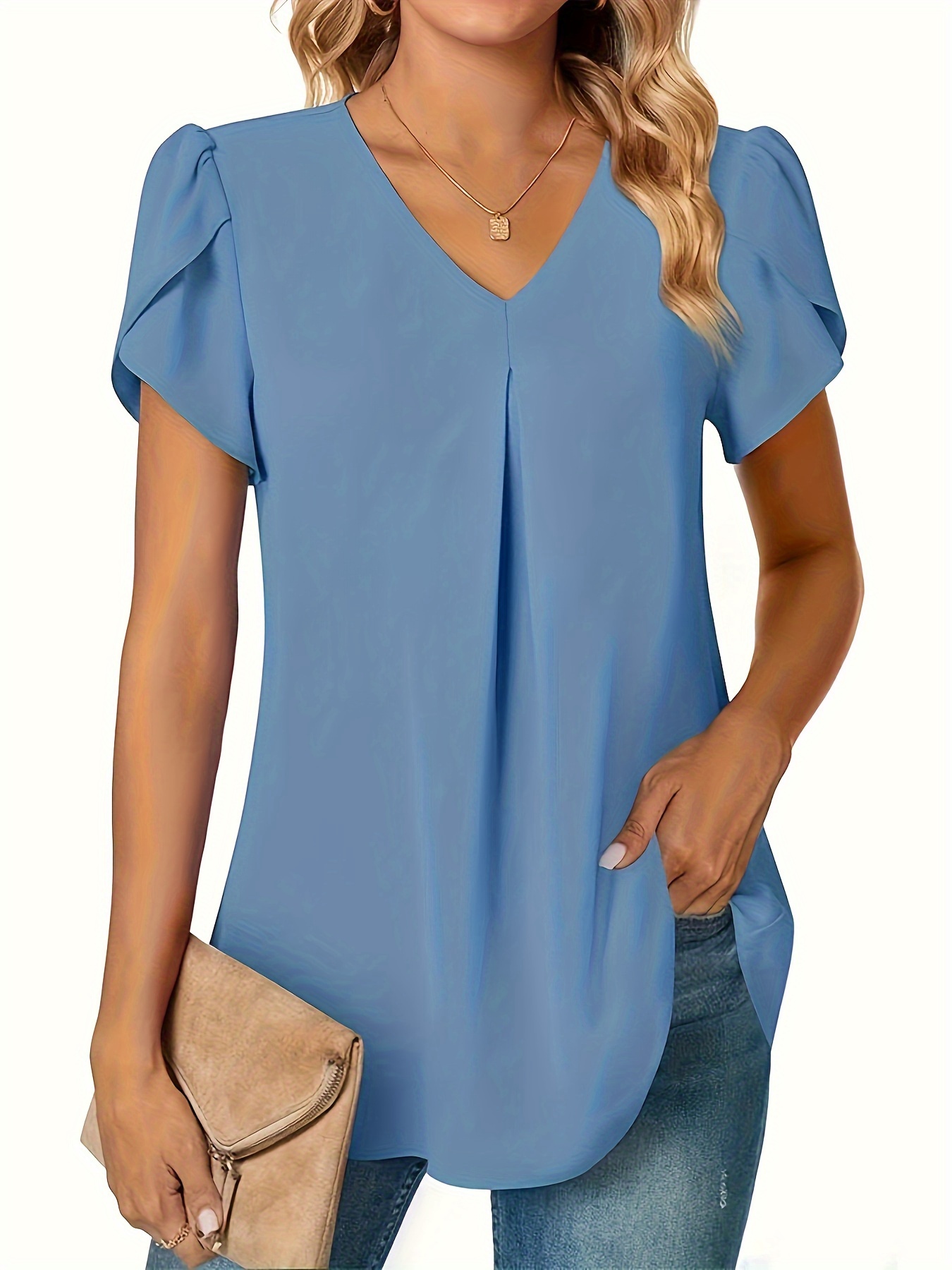 solid v neck petal sleeve blouse versatile simple blouse for spring summer womens clothing details 2