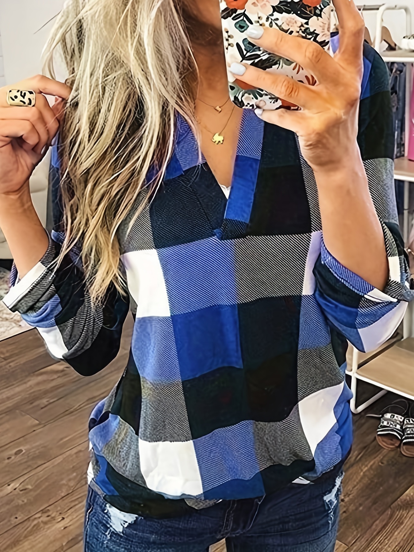 casual plaid shirt long sleeve v neck shirt casual every day tops womens clothing details 0