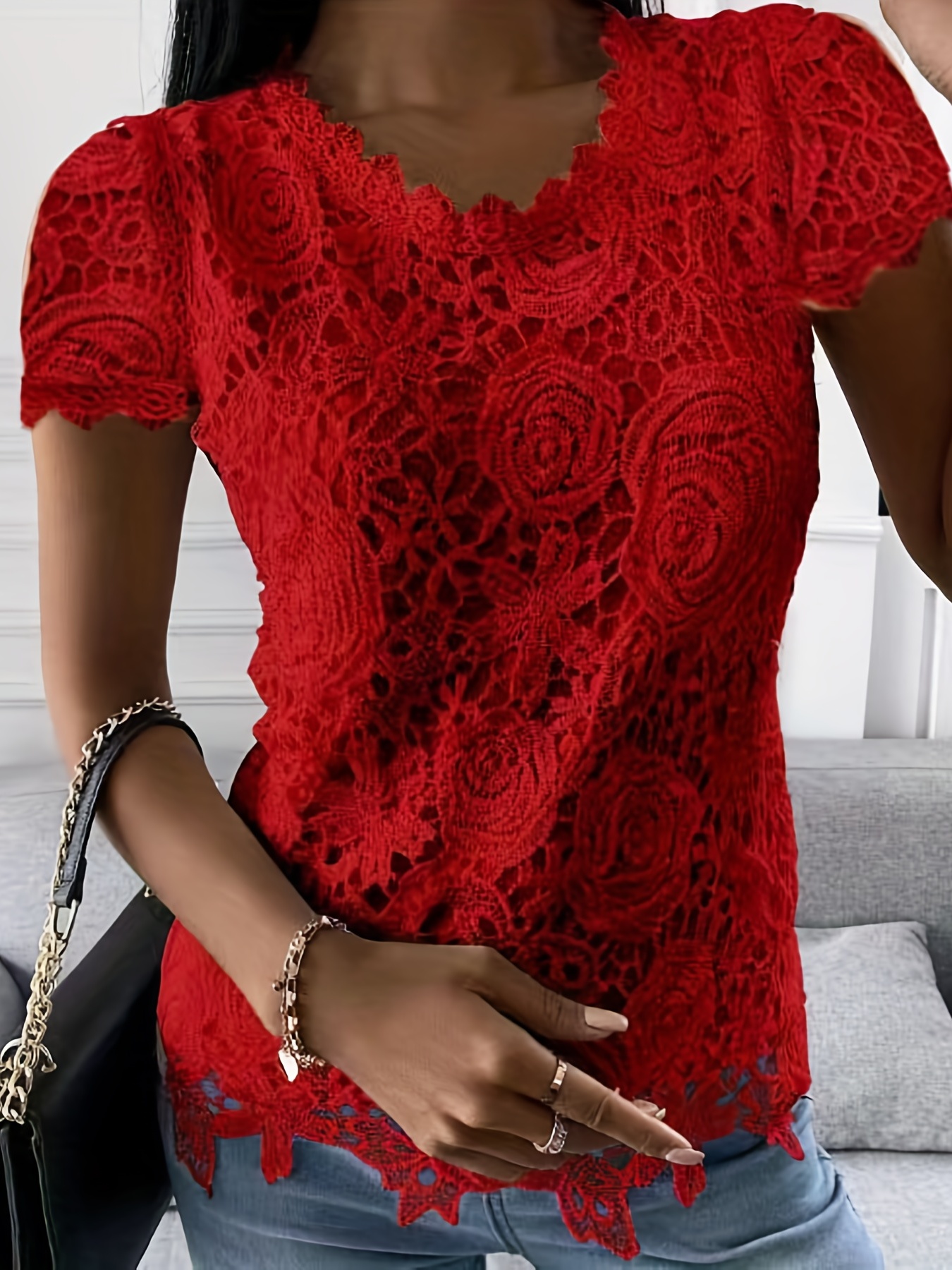 lace crew neck t shirt elegant short sleeve t shirt for spring summer womens clothing details 0