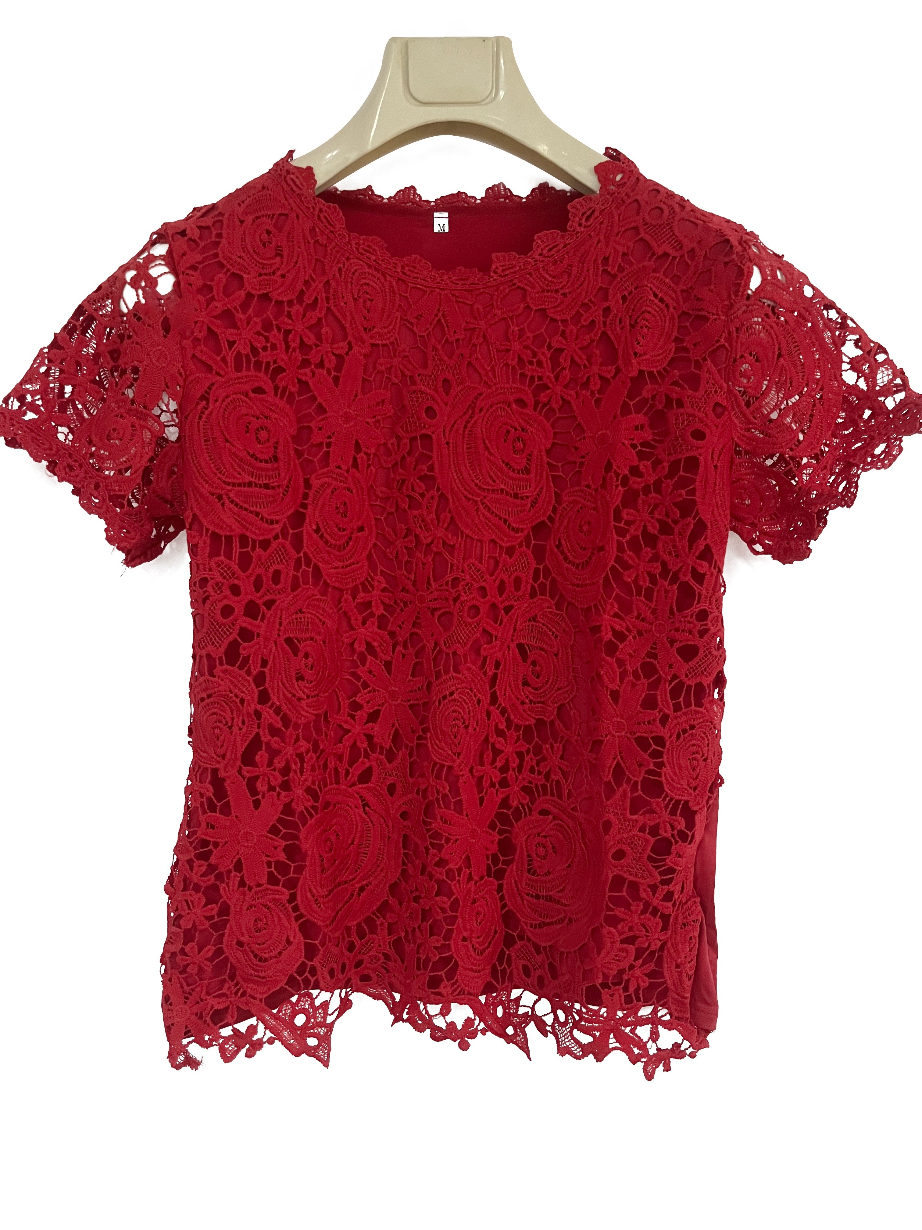 lace crew neck t shirt elegant short sleeve t shirt for spring summer womens clothing details 1